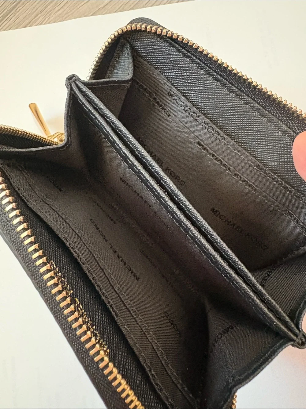 Michael Kors Black Pebbled Leather Zip Card Holder with Gold Hardware